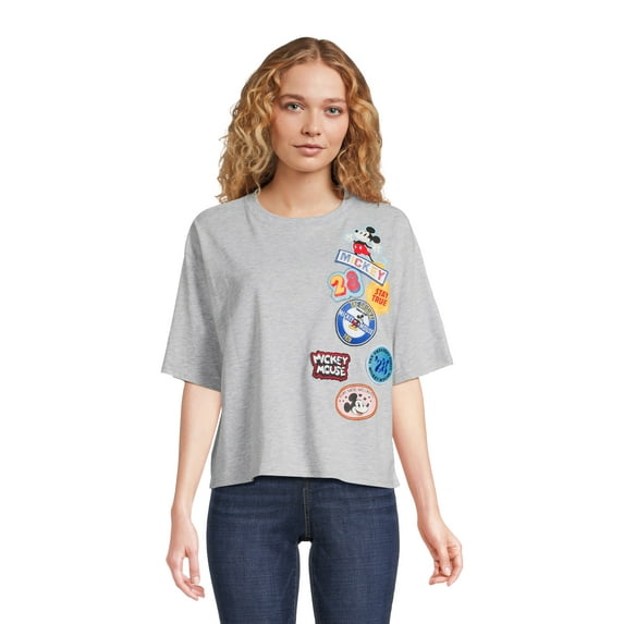 Mickey Mouse Women’s Multi Patch Graphic Tee with Short Sleeves, Sizes XS-XXXL