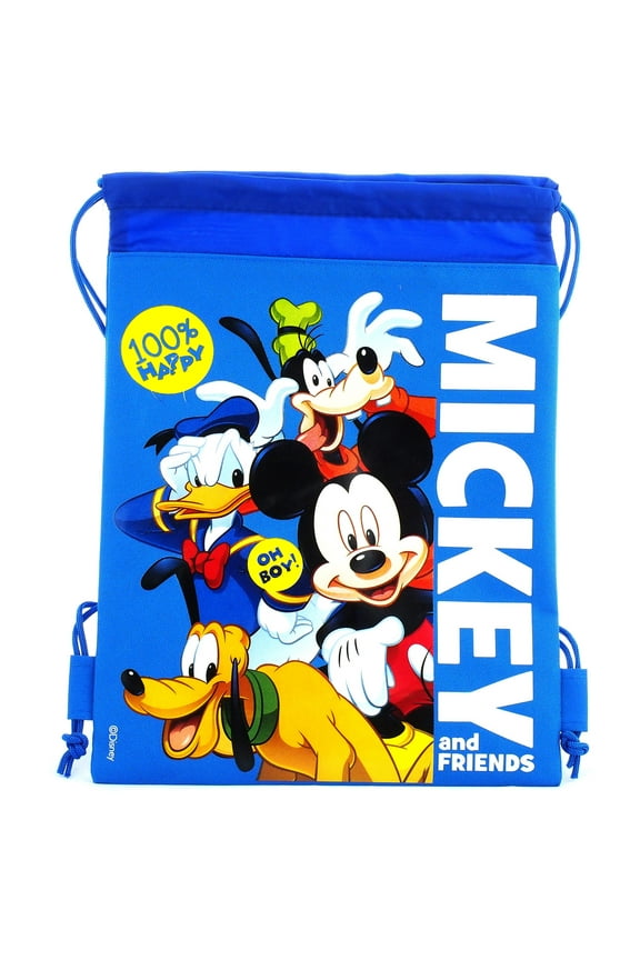 Mickey Mouse and Friends " 100% Happy " Character Licensed Blue Drawstring Bag