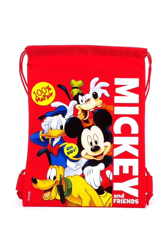 Mickey Mouse and Friends " 100% Happy " Character Licensed Red Drawstring Bag