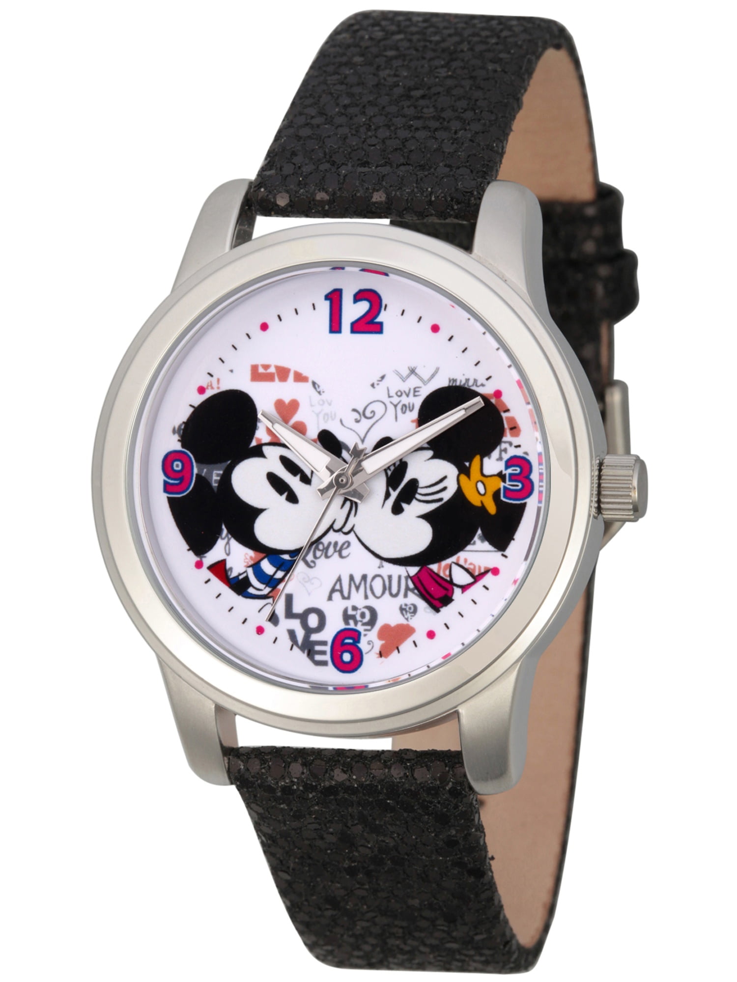Mickey Mouse and Minnie Mouse Women s Silver Alloy Watch Black Sequins Strap