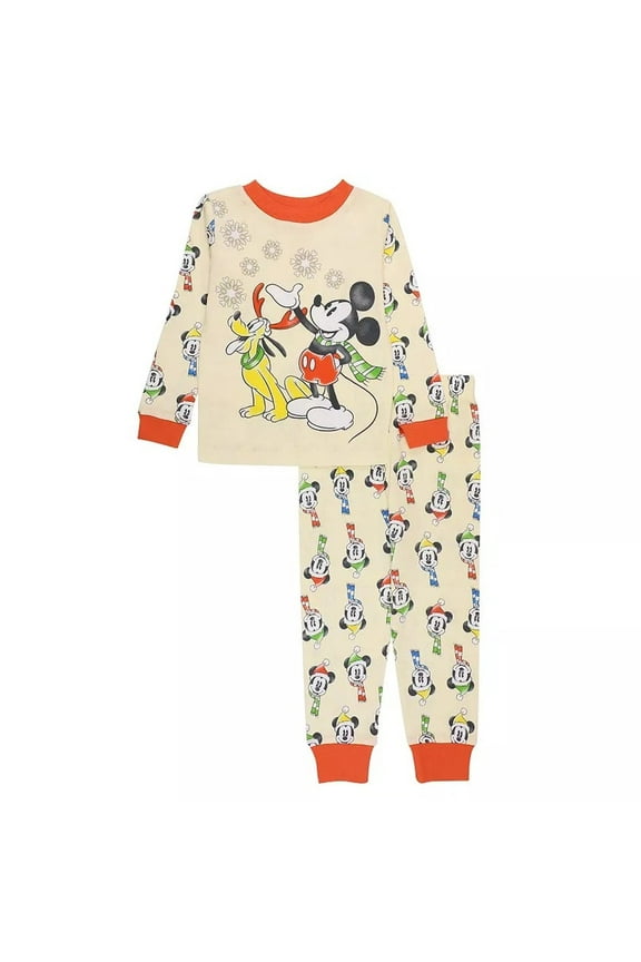 Mickey Mouse and Pluto Toddler Boy's Winter Snowflakes Cotton Pajama Set, Size 2T