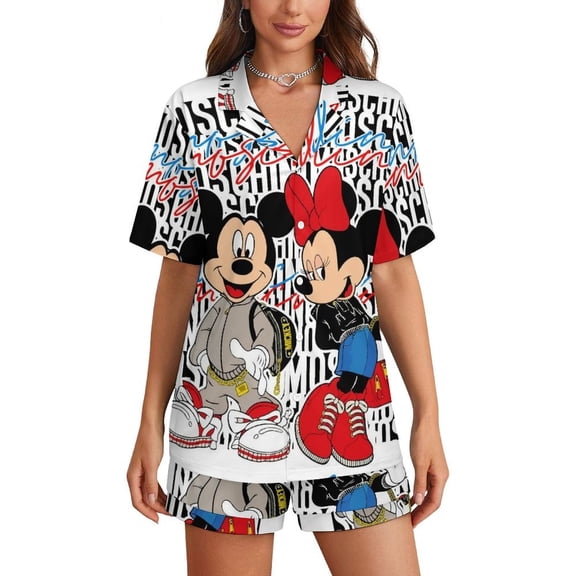 Mickey Pajamas Set Button Down 2 Piece Pjs Shorts Set Soft Loungewear Sleepwear for Women-S