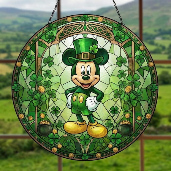 Mickey Patrick Day Glass Suncatcher, Disney Window Decor St. Patrick’s Day Home, 7.9 in