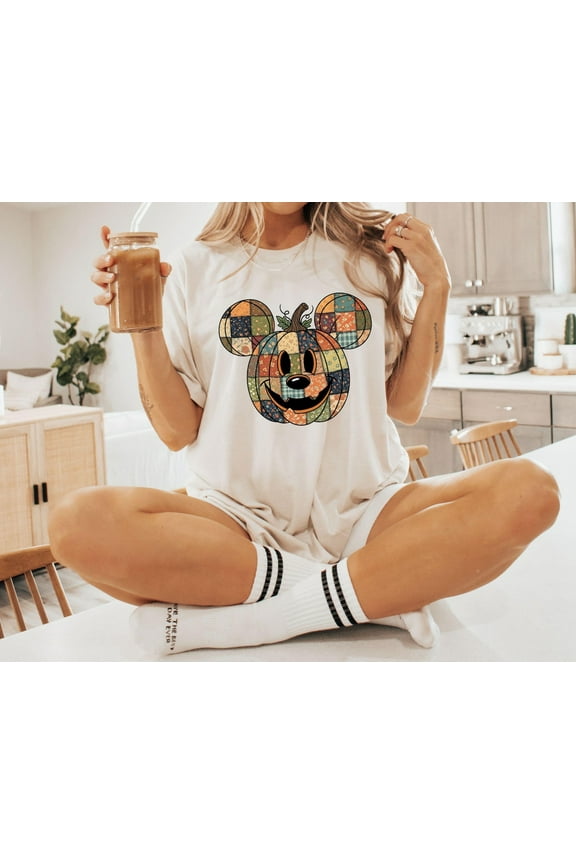 Mickey Pumpkin Costume Party Patchwork Shirt, Disney Fall Tee, Mickey Mouse Silhouette Shirt, Rustic Autumn Pumpkin Face Shirt, Costume Party, S-5XL Shirt