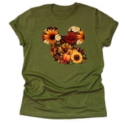 Mickey Sunflower Autumn Pumpkin T-Shirt   Thanksgiving Graphic Tee, Sunflower-Inspired Unisex Short Sleeve  X-Large, Olive