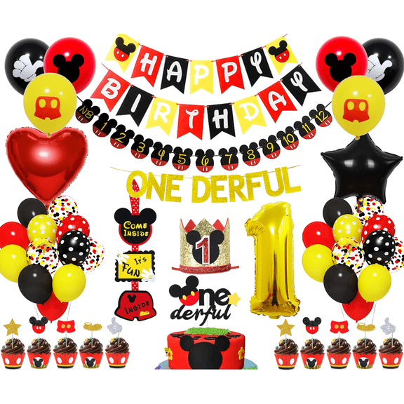 Mickey Theme 1st Birthday Party Decoration Set: Balloons, Banners, Cake Toppers
