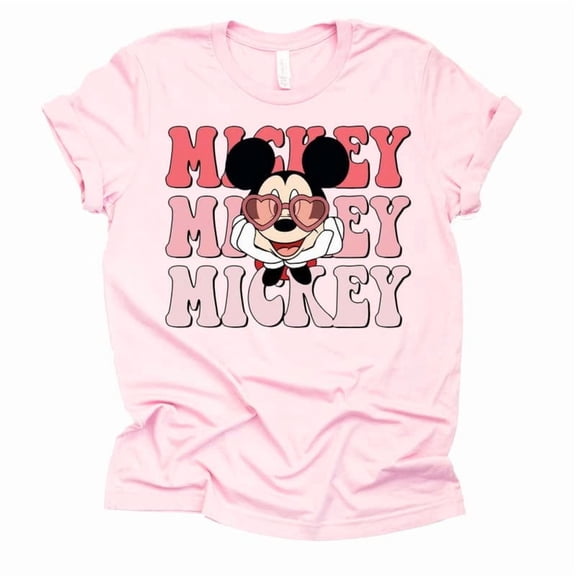Mickey Valentine Glasses Graphic Design Casual Short Sleeve Shirt (Light Pink-Medium)