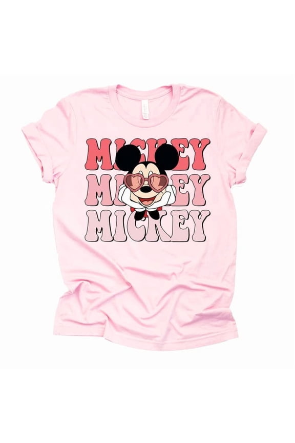 Mickey Valentine Glasses Graphic Design Casual Short Sleeve Shirt (Light Pink-Medium)