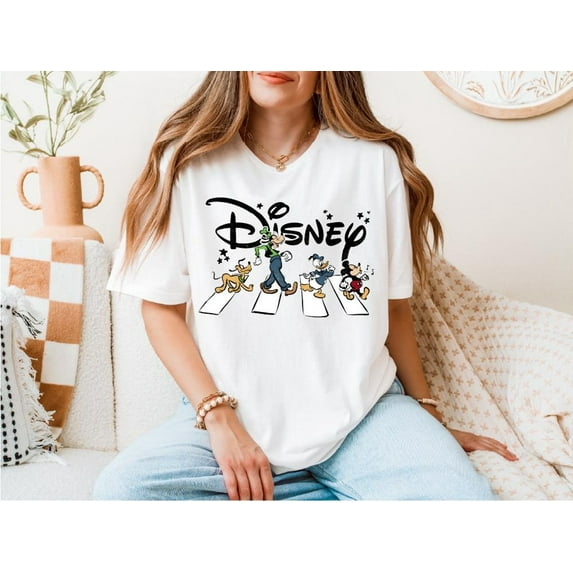 Mickey and Co Walking Road Shirt, Disney Abbey Road T-Shirt, Minnie Main Street Tee, Goofy and Pluto Dog Shirt,White Color,Size 2XL