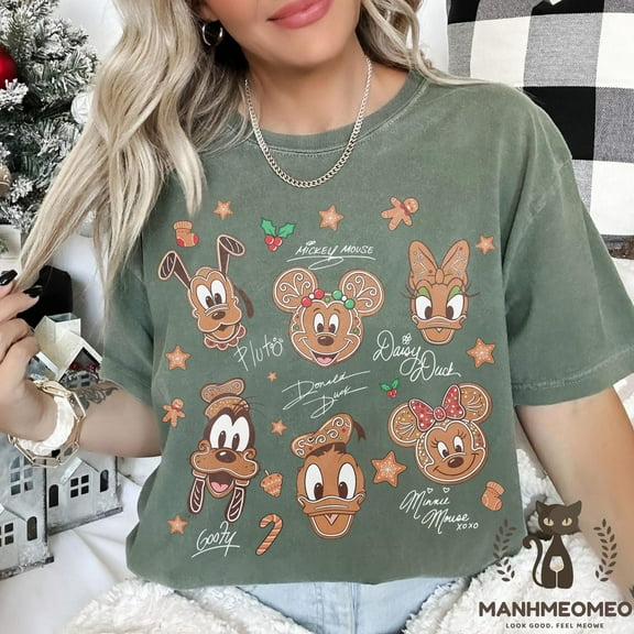 Mickey and Friends Gingerbread Christmas Comfort Colors Shirt, Mickey Christmas Cookie Shirt, Disney Christmas Vacation Outfit,Moss Color,Size M