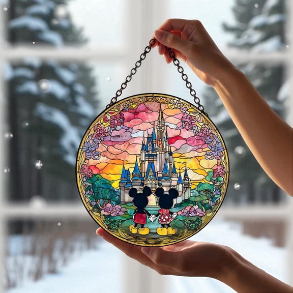 Mickey and Minnie Glass Suncatcher, Disney Couple Anniversary, Romantic Decor, 6.3 in