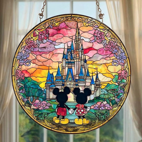 Mickey and Minnie Glass Suncatcher, Disney Couple Window Decor, Romantic Anniversary Gift, 7.9 in
