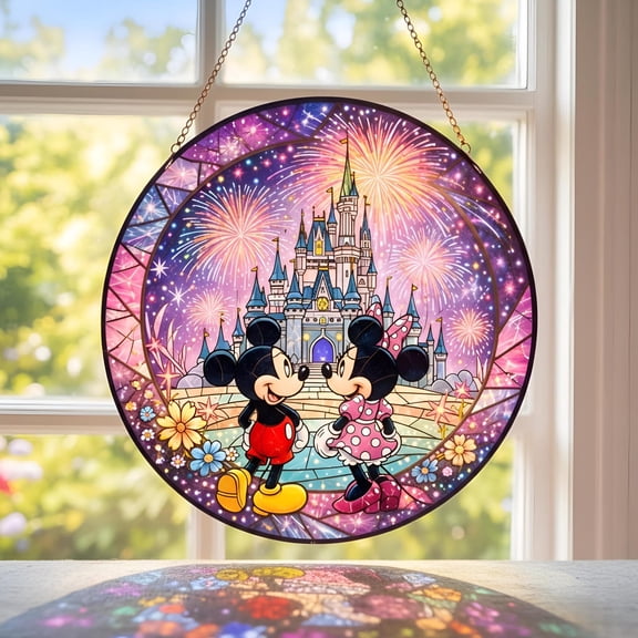 Mickey and Minnie Mouse Fireworks Castle Glass Suncatcher, Custom Couple Name Disney Suncatcher, Anniversary Gift, Mickey & Minnie