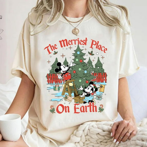 Mickey and Minnie The Merriest Place On Earth Shirt, Merry Christmas Party 2025 Shirt, Vacation Family Gifts, Christmas Tree,Sand Color,Size M