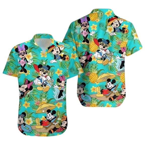 Mickey and Minnie Vacation Hawaiian Shirt, Disney Cartoon Full Print Aloha Shirt, Adult & Kids Matching Disney Hawaiian Shirt