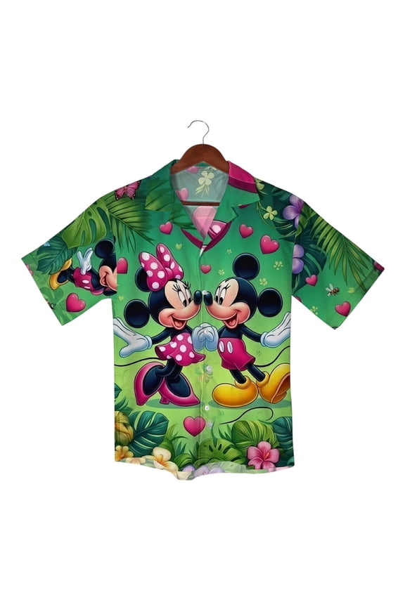 Mickey and Minnie Valentine Hawaiian Shirt, Couple Tropical Shirt & Shorts, Love Heart Cartoon Vacation Outfit, Hawaiian Shirt gifts