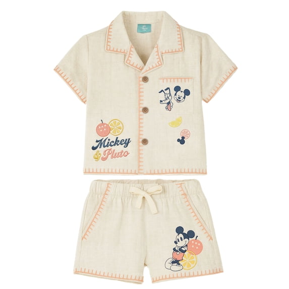 Mickey and Pluto Baby Boy Linen Short Set, Sizes 0/3 Months-24 Months