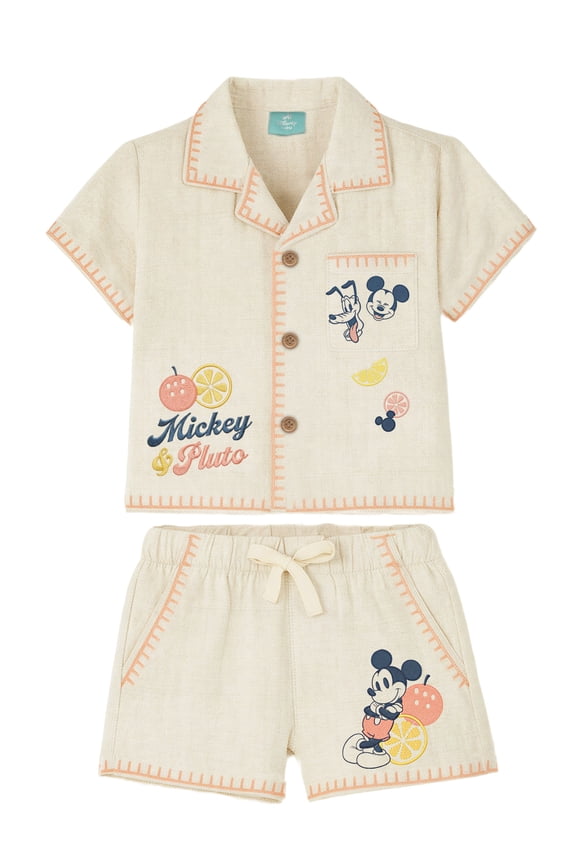 Mickey and Pluto Baby Boy Linen Short Set, Sizes 0/3 Months-24 Months
