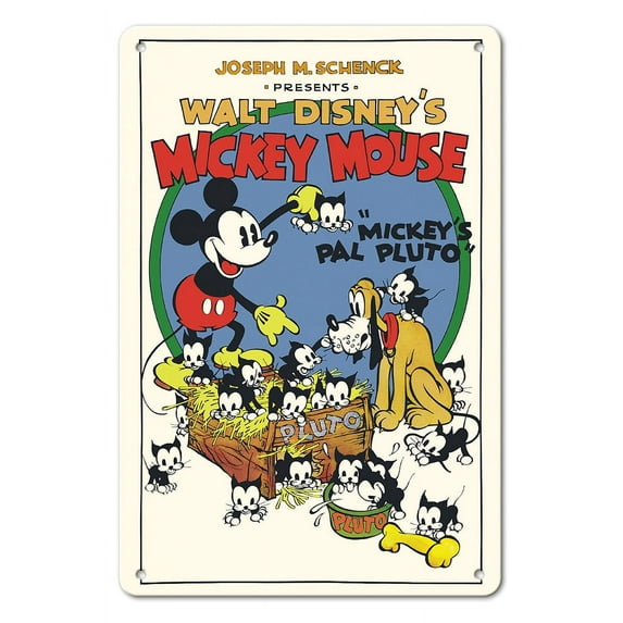 Mickey’s Pal Pluto - Starring Mickey Mouse & Pluto - Vintage Film Movie Poster c.1933 - 8 x 12 inch Vintage Metal Tin Sign