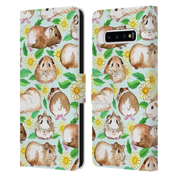 Micklyn Le Feuvre Patterns 2 Guinea Pigs And Daisies In Watercolour On Mint Leather Book Wallet Case Cover Compatible with Samsung Galaxy S10+ / S10 Plus