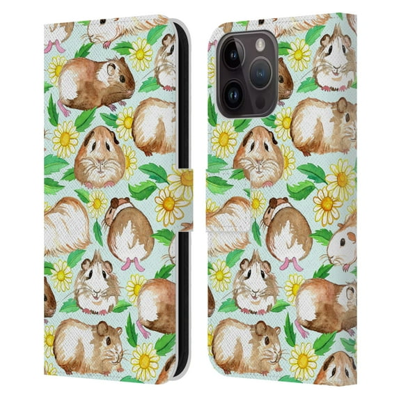 Micklyn Le Feuvre Patterns 2 Guinea Pigs And Daisies In Watercolour On Mint Leather Book Wallet Case Cover Compatible with Apple iPhone 15 Pro Max
