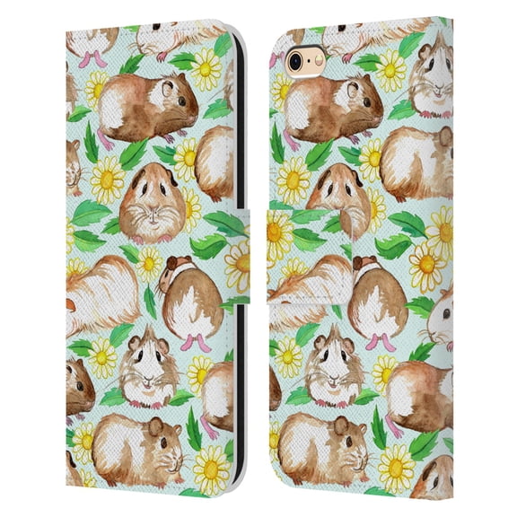 Micklyn Le Feuvre Patterns 2 Guinea Pigs And Daisies In Watercolour On Mint Leather Book Wallet Case Cover Compatible with Apple iPhone 6 / iPhone 6s