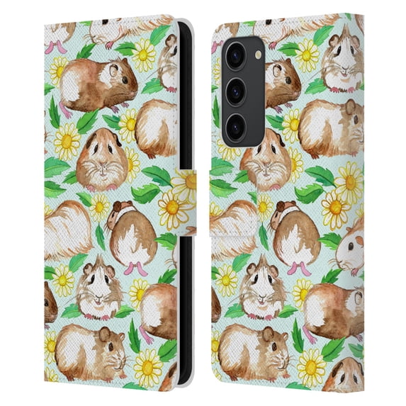 Micklyn Le Feuvre Patterns 2 Guinea Pigs And Daisies In Watercolour On Mint Leather Book Wallet Case Cover Compatible with Samsung Galaxy S23+ 5G
