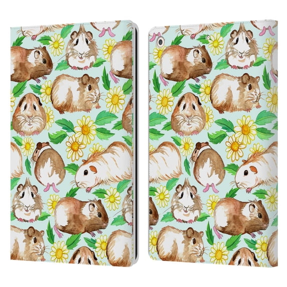 Micklyn Le Feuvre Patterns 2 Guinea Pigs And Daisies In Watercolour On Mint Leather Book Wallet Case Cover Compatible with Apple iPad 10.2 2019/2020/2021