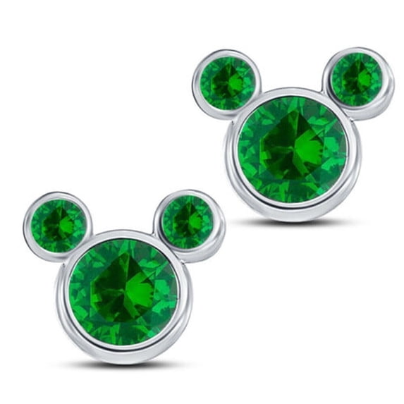 Micky Mouse Women's Earring 14K White Gold Plated Silver 2Ct Round Cut Lab Created Green Emerald Diamond