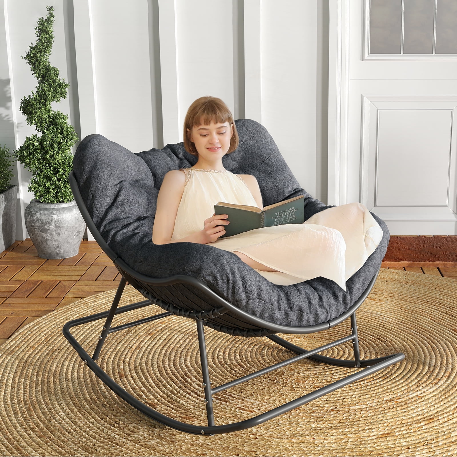 Oversized Papasan Rocking Chair With Cushion - Indoor/Outdoor Comfy Lounge Chair For Living Room, Bedroom, Or Garden (Grey)