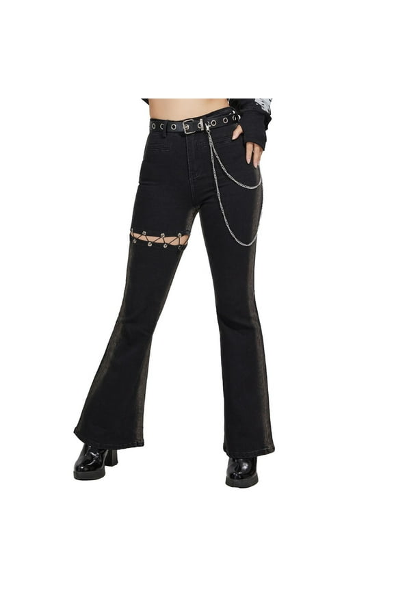 Bell Bottom Jeans for Women Black Flared Jeans with Waist Belt and Chain Accessories, L