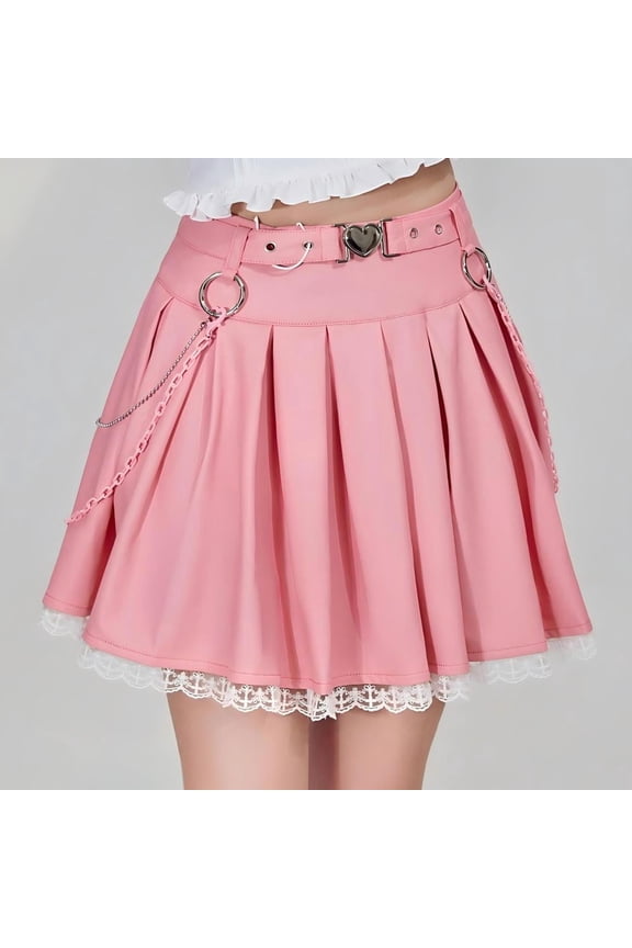 Mini Skirts for Women Pleated PU Leather Mini Skirt with Lace Hemline, Pink, XL