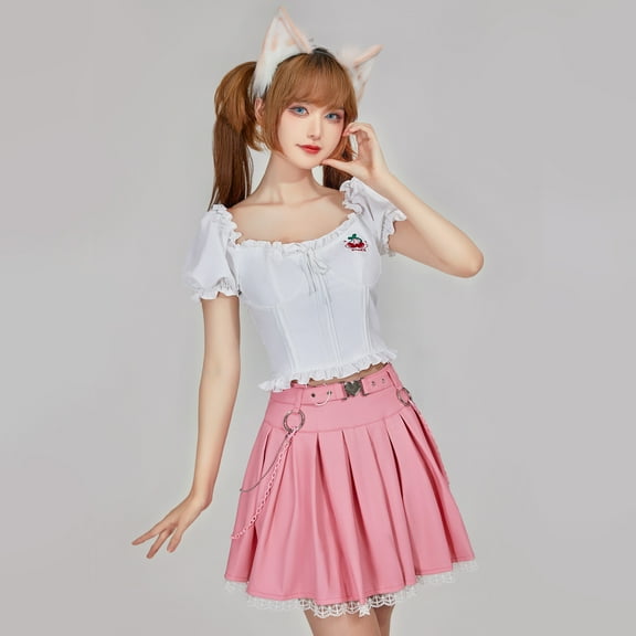 Micotaku White Crop Tops for Women Short Sleeve Puff Sleeve T Shirt, M