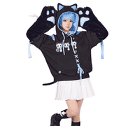 Micotaku Womens Black Skull Cat Print Pullover Hoodie with Detachable Furry Cat Paw Gloves, L/XL