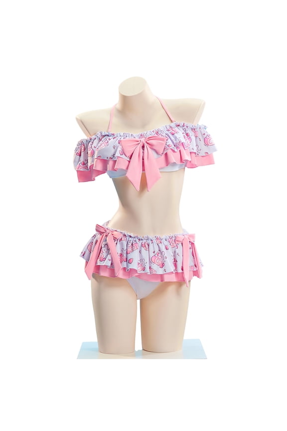 Women's Cute Dessert Print Two-Piece Swimsuit Fruit Ruffled Pink Bikini Set