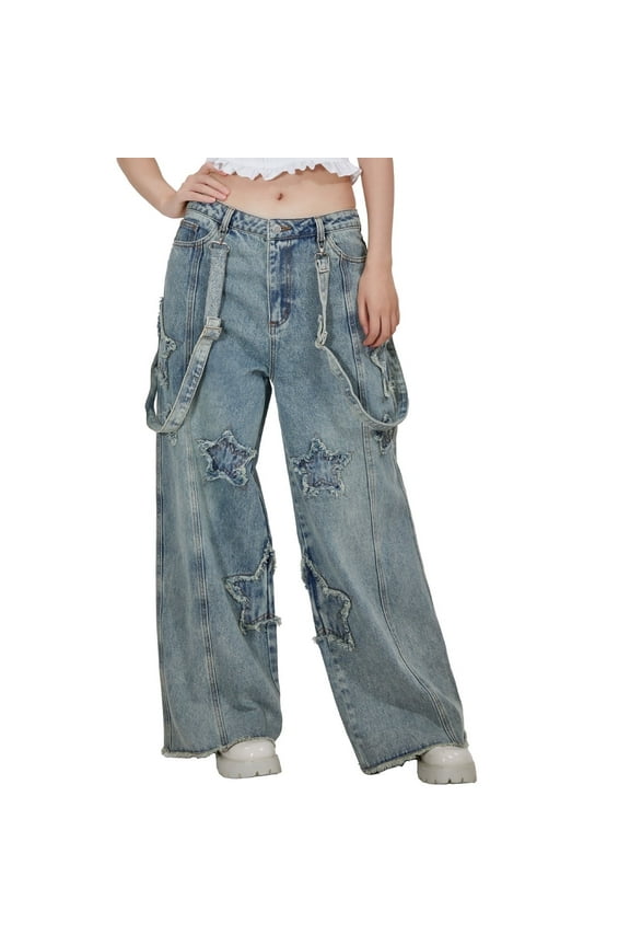 Y2K Jeans for Women Wide Leg Pants Baggy Jeans with Detachable Shoulder Straps, S