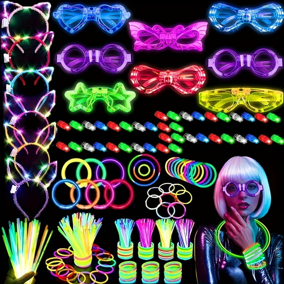 Micrency 138Pcs Glow in the Dark Party Supplies, Light Up Favors for Kids/Adults - 12 Sparkling Glasses, 6 Luminous Headbands, 20 Finger Lights, 100 Fluorescent Sticks Bulk for Weddings, Birthdays, H