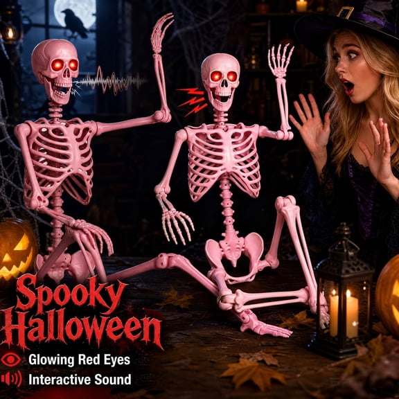 Micrency 5.4Ft Adjustable Joint Halloween Pink Skeleton with Voice Controlled Luminous Eye Decoration, Halloween Party Bone, Suitable for Haunted Houses Cemetery Props (Excluding 3 * AA Batteries)