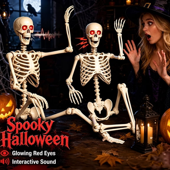Micrency 5.4Ft Adjustable Joint Halloween Skeleton with Voice Controlled Luminous Eye Decoration, Halloween Party Bone, Suitable for Haunted Houses and Cemetery Props (Excluding 3 * AA Batteries)