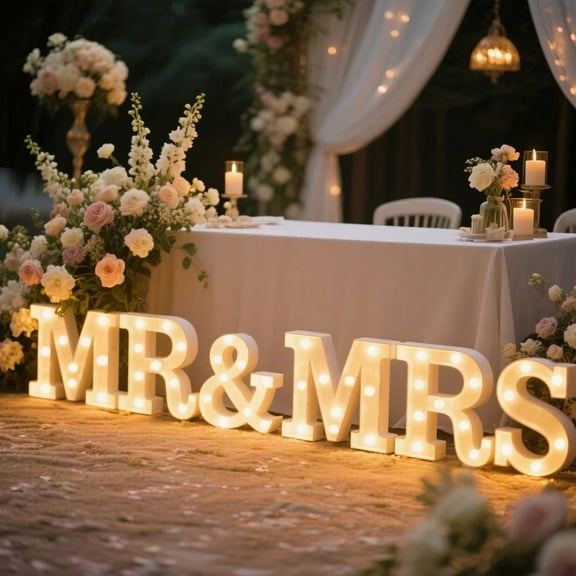 Micrency 6 Pcs Mr and Mrs LED Sign Neon Mr and Mrs Sign for Wedding Table Heart Romantic Candles Light up Letters for Romantic Night Decor(White)