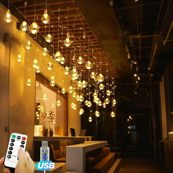 Micrency 8-mode indoor round LED light string, USB power supply, with remote control, 12 piece set Suitable for home decoration, indoor decoration, warm round ball light string, holiday decoration