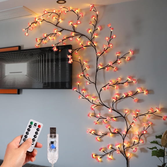 Micrency 96LED cherry blossom willow branch light string, USB eight function+remote control, very suitable for bedroom, wall and window interior decoration, festival and home decoration