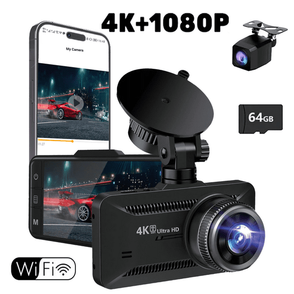 Micrency Dash Cam Front and Rear,4K+1080P 3 inch LCD Display, with Night Vision,Free 64G Card, WIFI,Loop Recording,170 ° Wide-Angle,24-hour Parking Monitorings,Suitable for Cars and Trucks