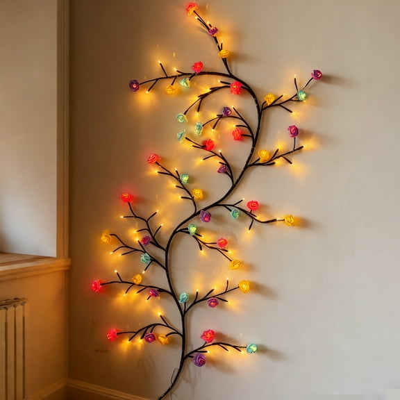 Micrency-Macaroon Rose Blossom Enchanted Willow Vine Lights, 5.9FT 96LED 6 Color Blossom Tree Branch Lights for Wall, Remote Timer,8 Light Model,Bedroom Wall Doors Wedding, Christmas, USB