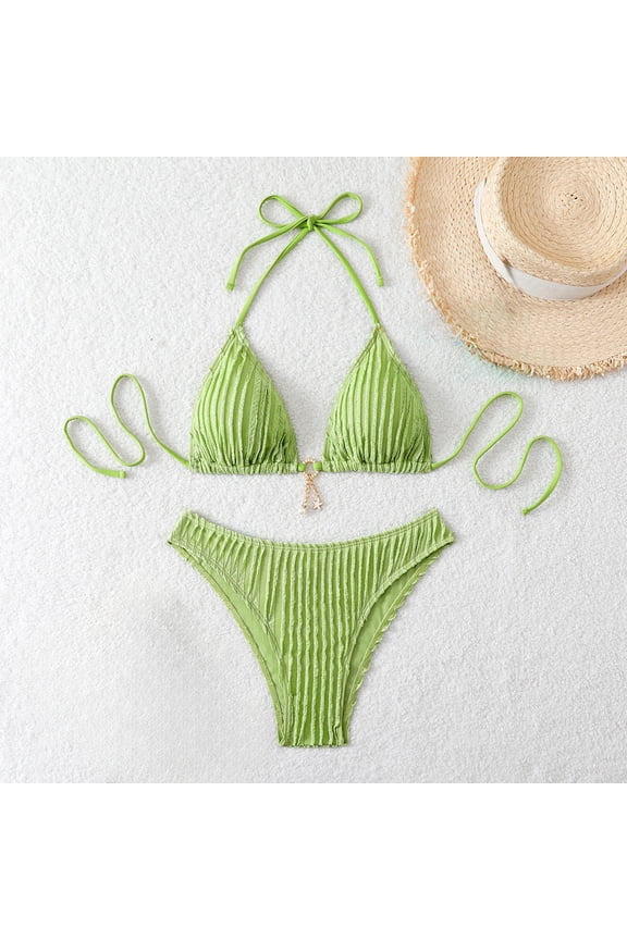 Micro Bikini Sets for Women 2 Piece Halter V-Neck Triangle Bra Textured Adjustable Straps Thong Swimsuit Sets
