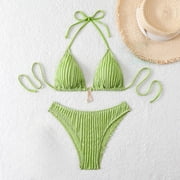 Micro Bikini Sets for Women 2 Piece Halter V-Neck Triangle Bra Textured Adjustable Straps Thong Swimsuit Sets