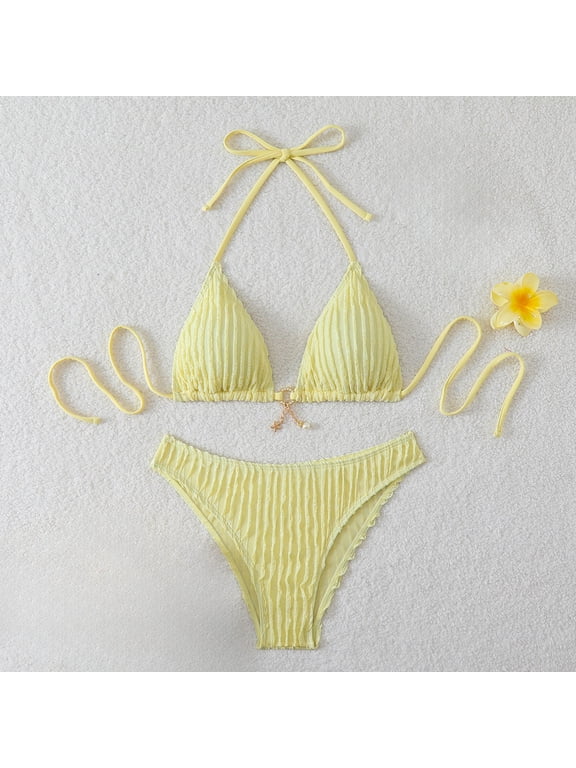 Micro Bikini Sets for Women 2 Piece Halter V-Neck Triangle Bra Textured Adjustable Straps Thong Swimsuit Sets