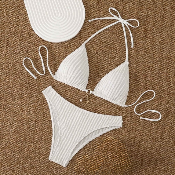 Micro Bikini Sets for Women 2 Piece Halter V-Neck Triangle Bra Textured Adjustable Straps Thong Swimsuit Sets