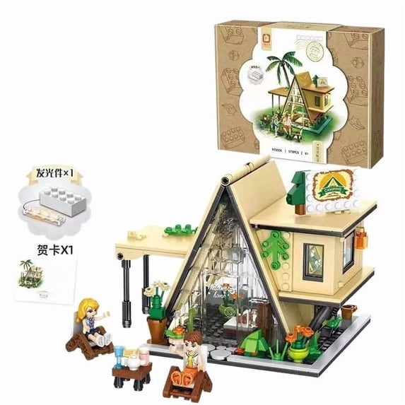 Micro Blocks Building Set - Miniature Panda Cafe with Glowing Effect, 500+ Pieces Tiny Coffee Shop Model Kit with Bicycle, DIY Construction Toys for Adults Kids, Kawaii Desk Decoration