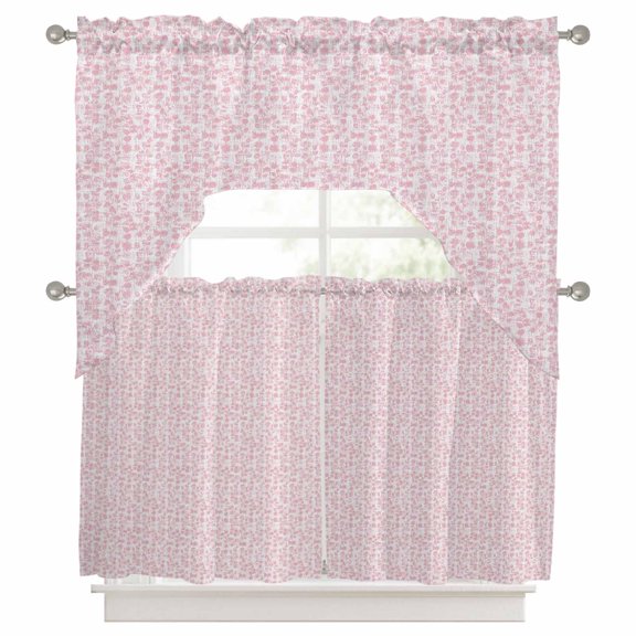 Micro Blossoms Swag and Tier Curtains Set, Rustic Minimalist Pink Pastel Print Tiny Petal Kitchen Valances with Tier Curtains 36 in Long, Light Filtering Curtains for Sink Laundry Bathroom